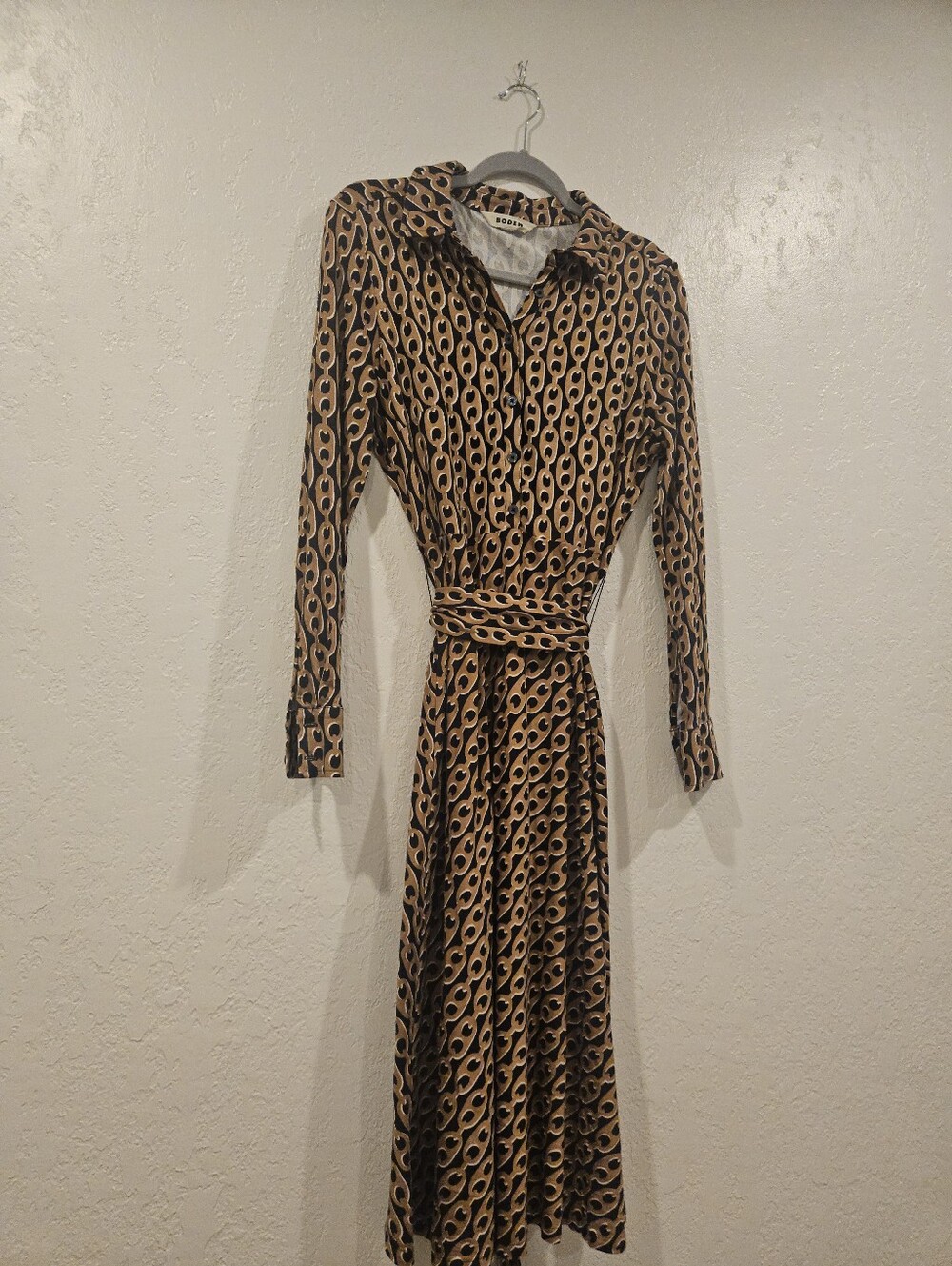 Boden Laura Jersey Midi Shirt Dress In Camel Geo Chain Long Sleeve US Size 10.